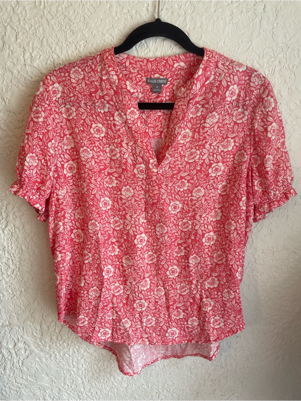 Falls Creek Coral Pink Floral Split-Neck Linen Blend Short Sleeve Blouse